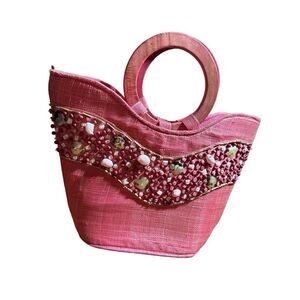 Sun N Sand Boho Chic Beaded Pink Straw Handbag Statement Summer Purse with Woode